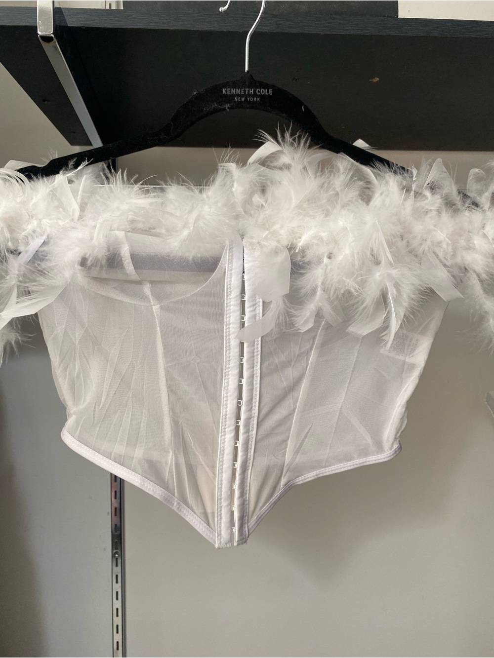 Kenneth Cole White Feather-Trim Mesh Bandeau Corset